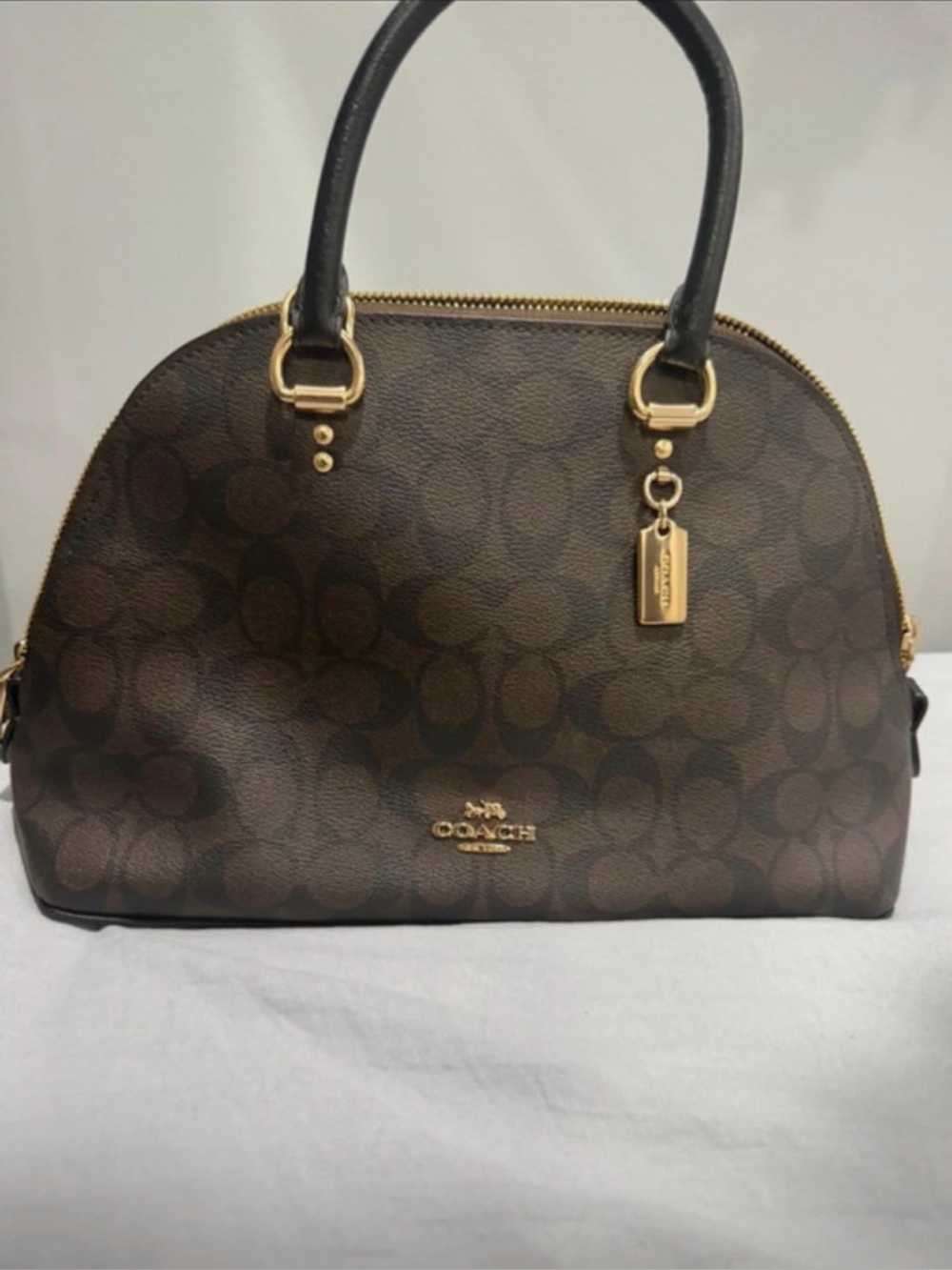 Coach Signature Dome Satchel in Dark Brown with Black Handles